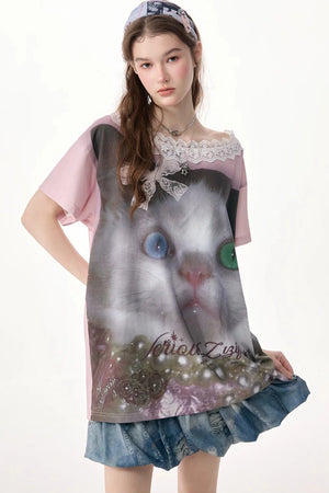 Cat Print Lace Collar Oversized T-Shirt