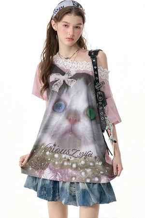 Cat Print Lace Collar Oversized T-Shirt