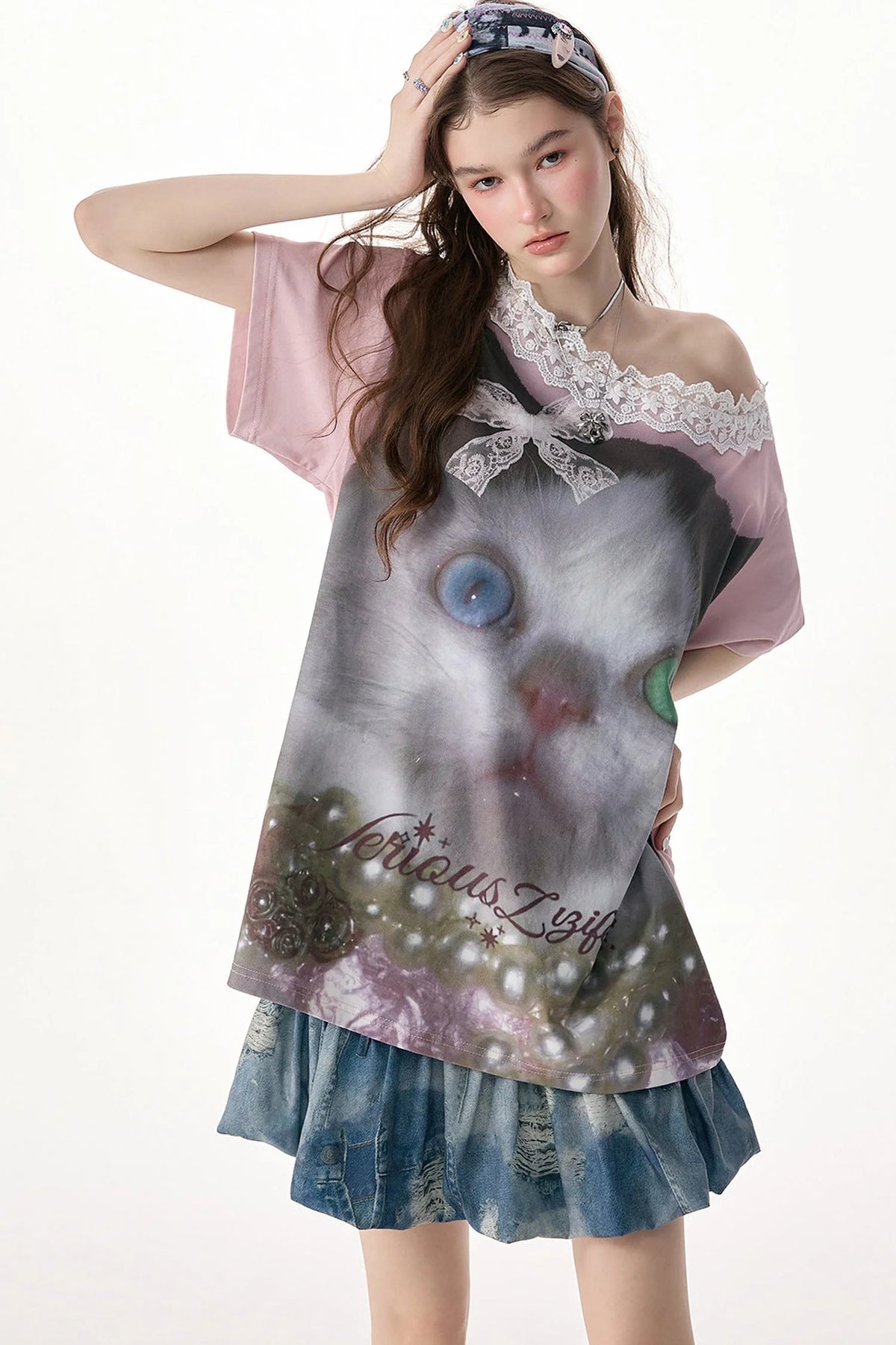 Cat Print Lace Collar Oversized T-Shirt