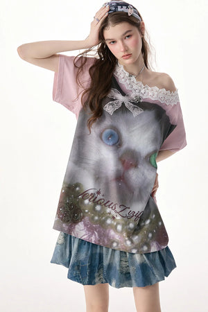 Cat Print Lace Collar Oversized T-Shirt