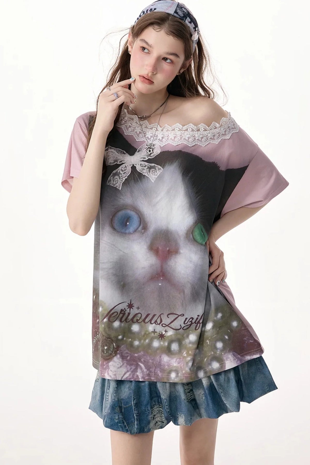 Cat Print Lace Collar Oversized T-Shirt