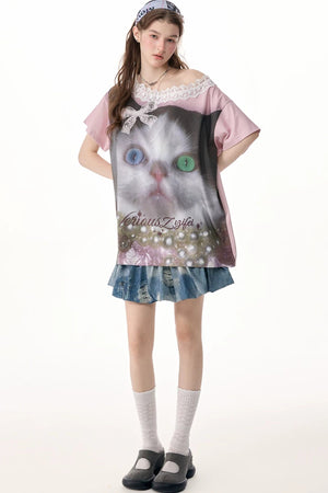 Cat Print Lace Collar Oversized T-Shirt