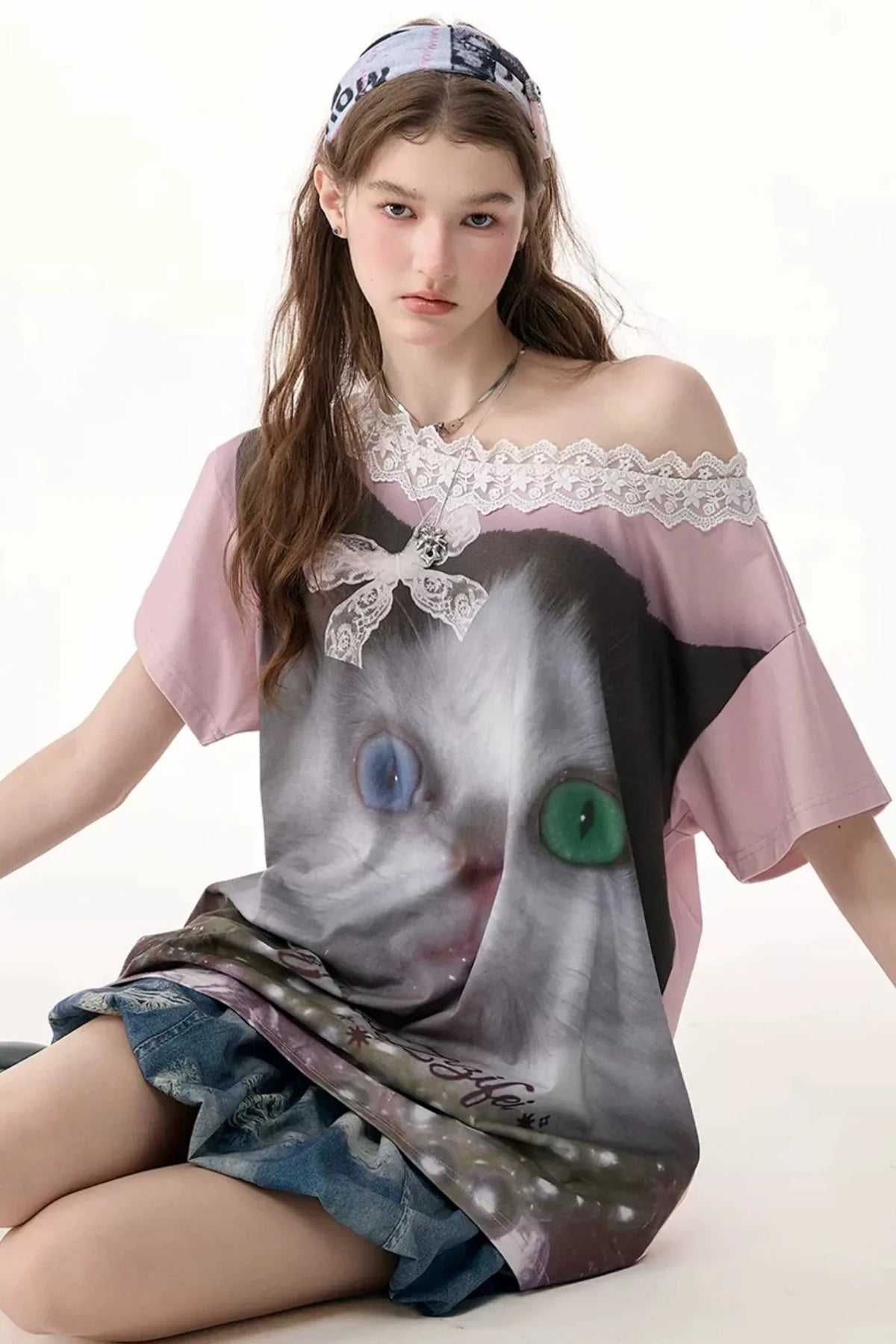 Cat Print Lace Collar Oversized T-Shirt