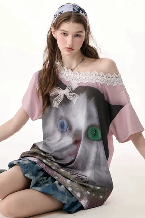 Cat Print Lace Collar Oversized T-Shirt