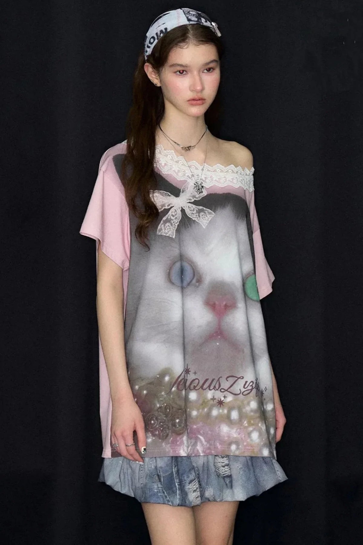 Cat Print Lace Collar Oversized T-Shirt