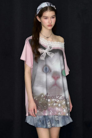 Cat Print Lace Collar Oversized T-Shirt