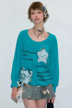 Cat Print Lantern Sleeve T-Shirt