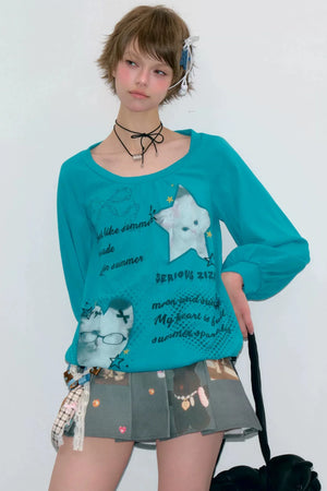Cat Print Lantern Sleeve T-Shirt