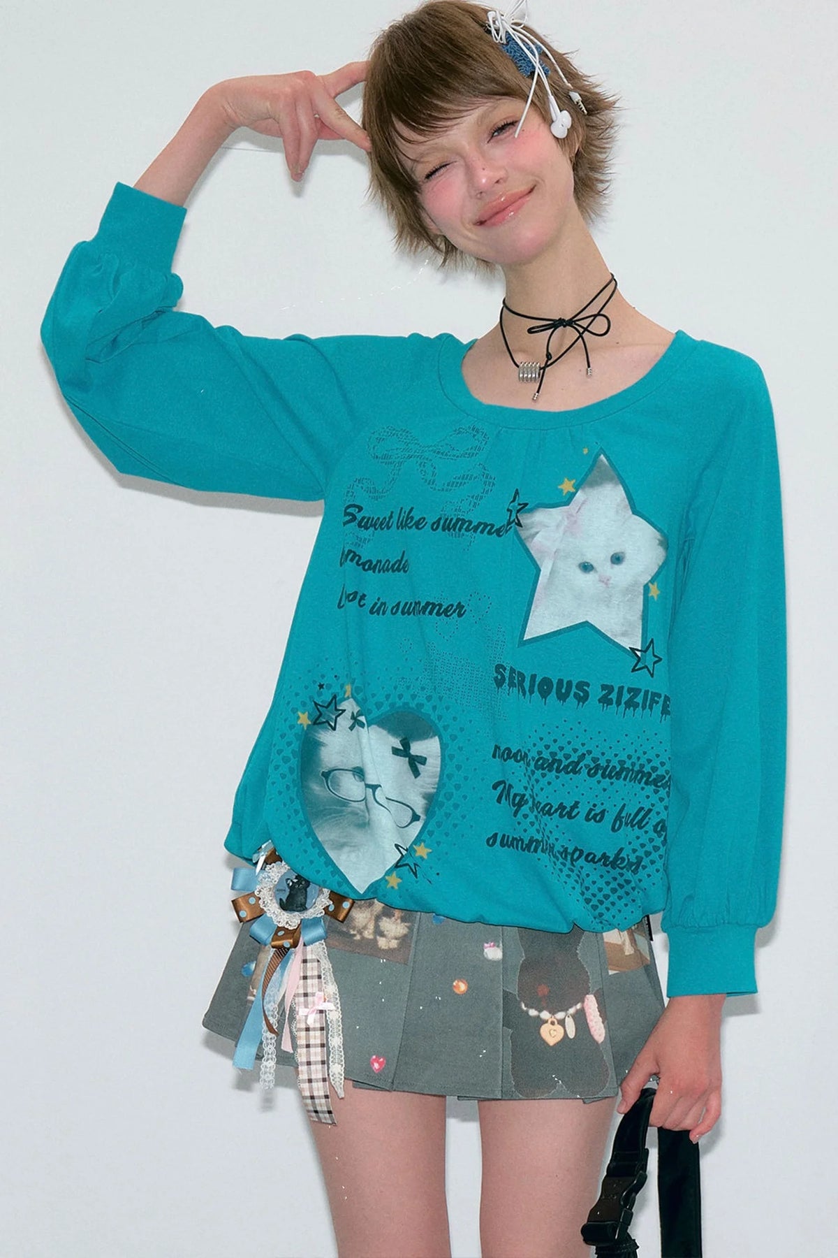 Cat Print Lantern Sleeve T-Shirt