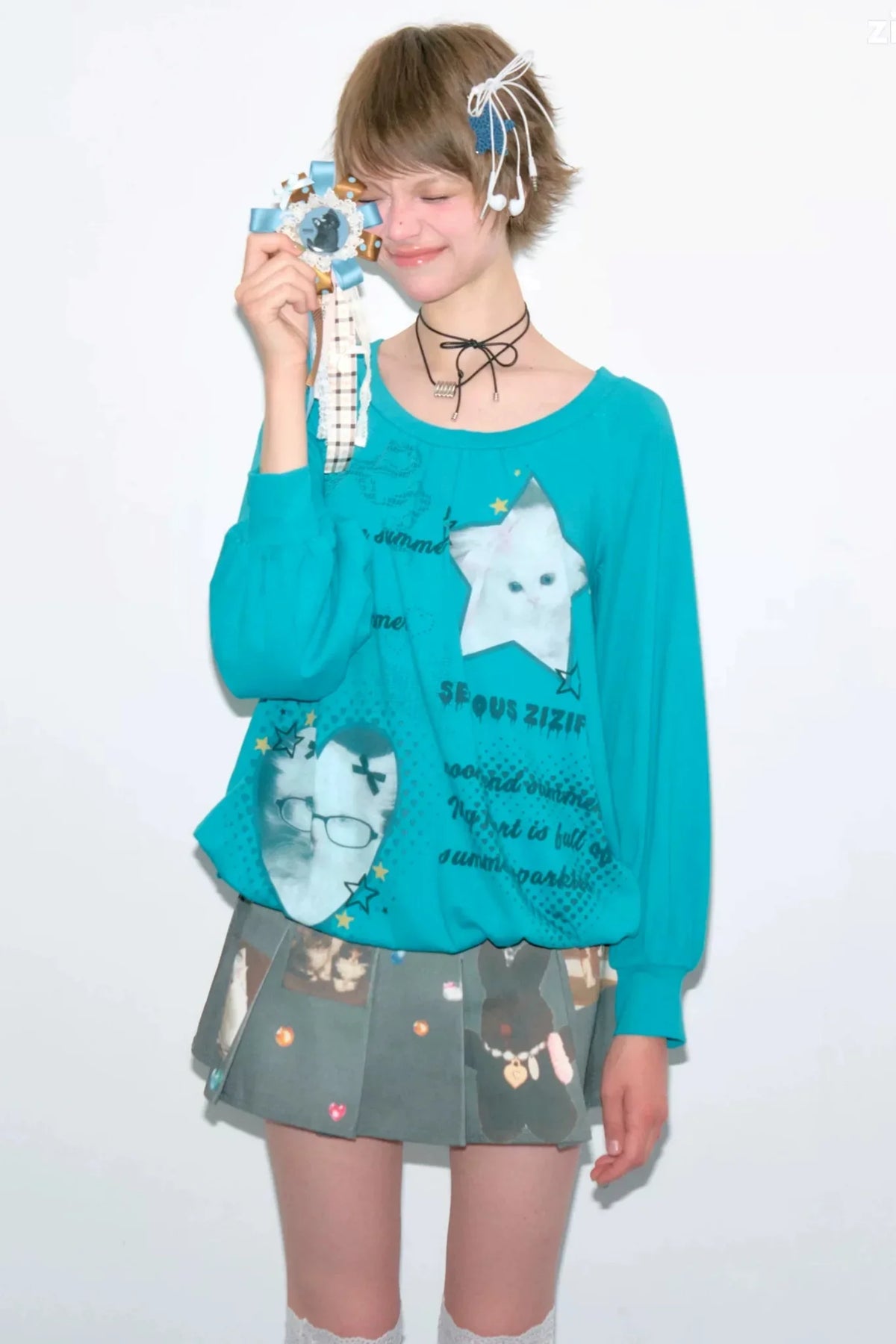 Cat Print Lantern Sleeve T-Shirt