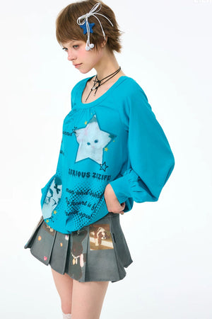 Cat Print Lantern Sleeve T-Shirt