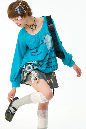Cat Print Lantern Sleeve T-Shirt