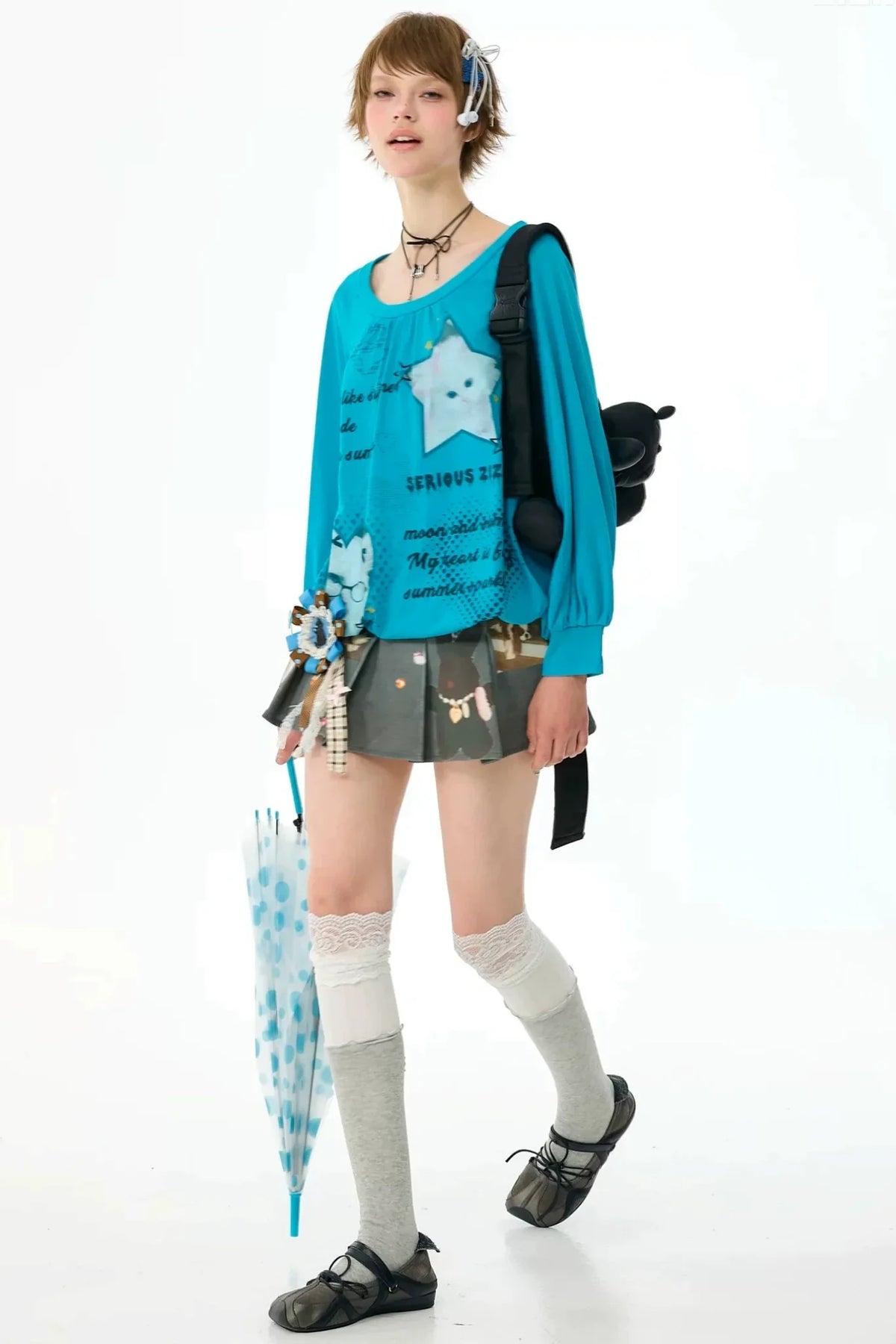 Cat Print Lantern Sleeve T-Shirt