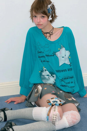 Cat Print Lantern Sleeve T-Shirt