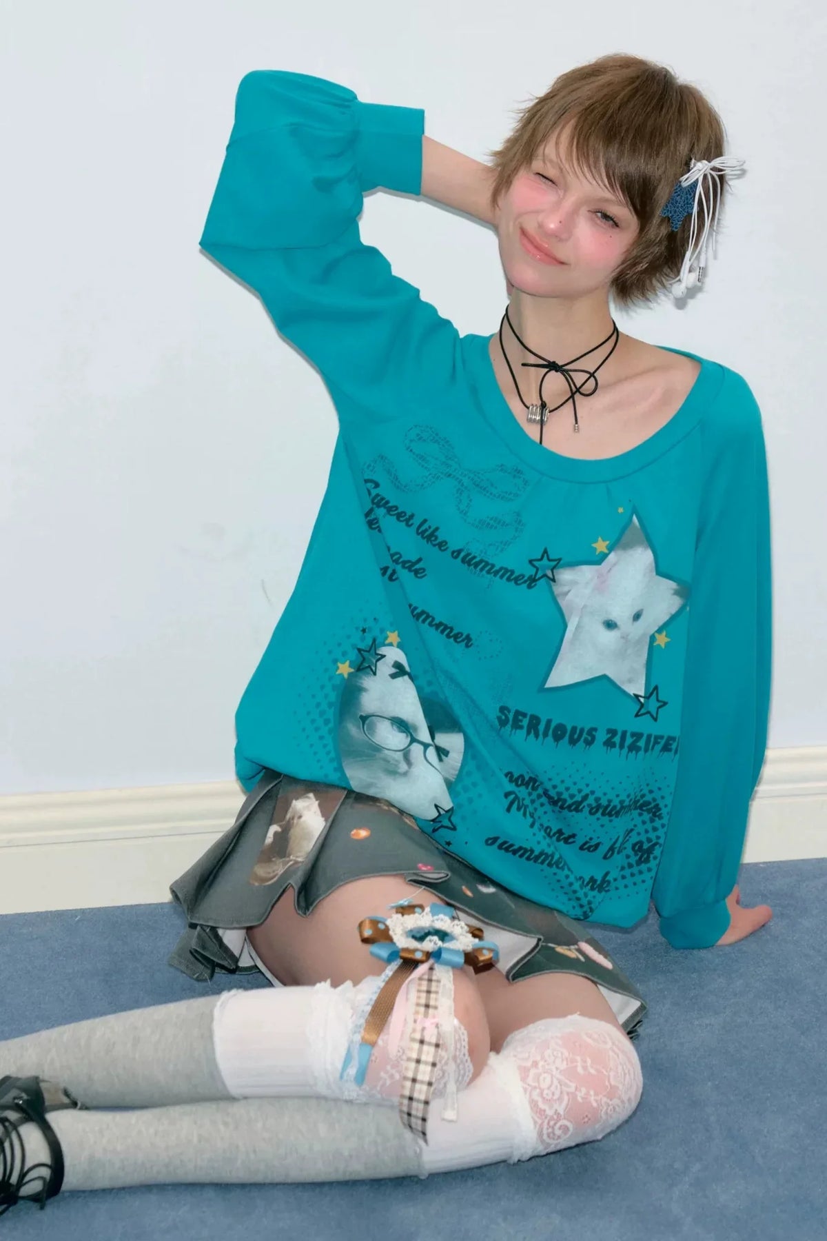 Cat Print Lantern Sleeve T-Shirt
