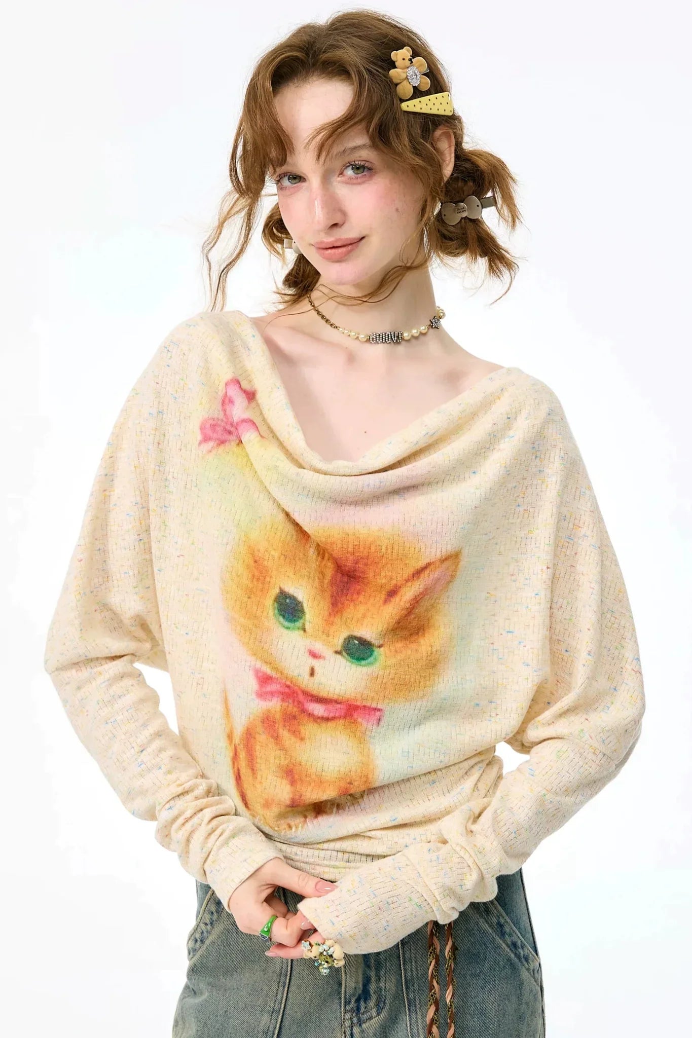 Cat Print Long Sleeve Blouse