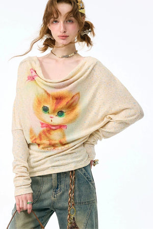 Cat Print Long Sleeve Blouse