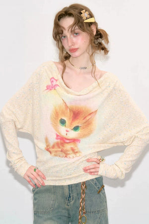 Cat Print Long Sleeve Blouse