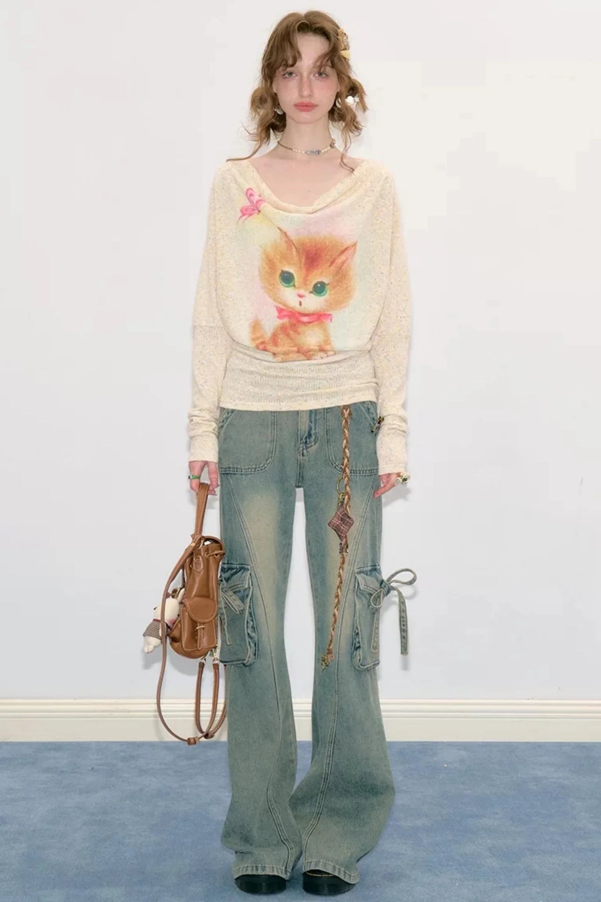 Cat Print Long Sleeve Blouse