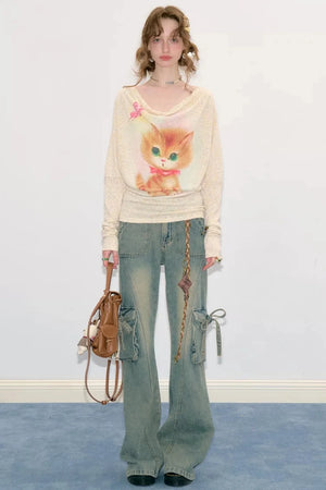 Cat Print Long Sleeve Blouse