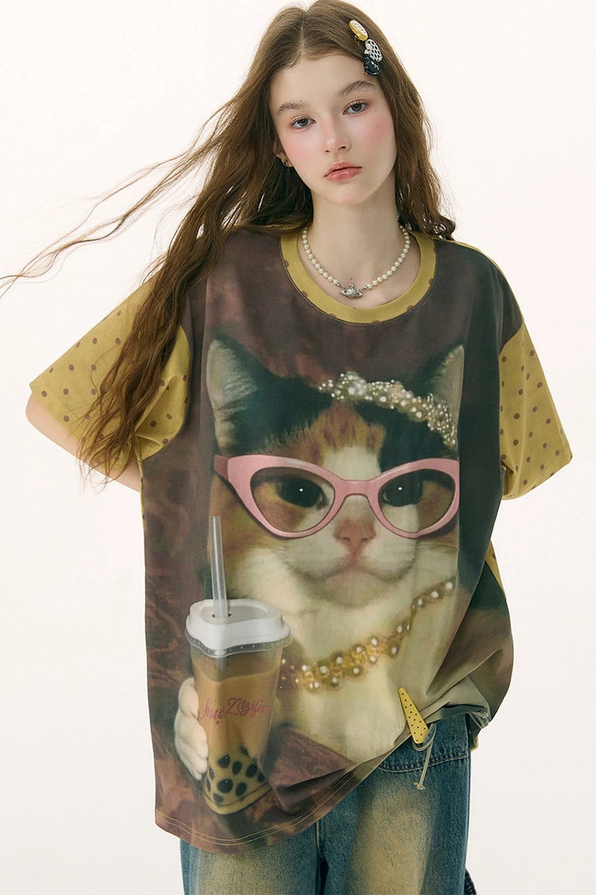 Cat Print Loose Short-Sleeved T-Shirt