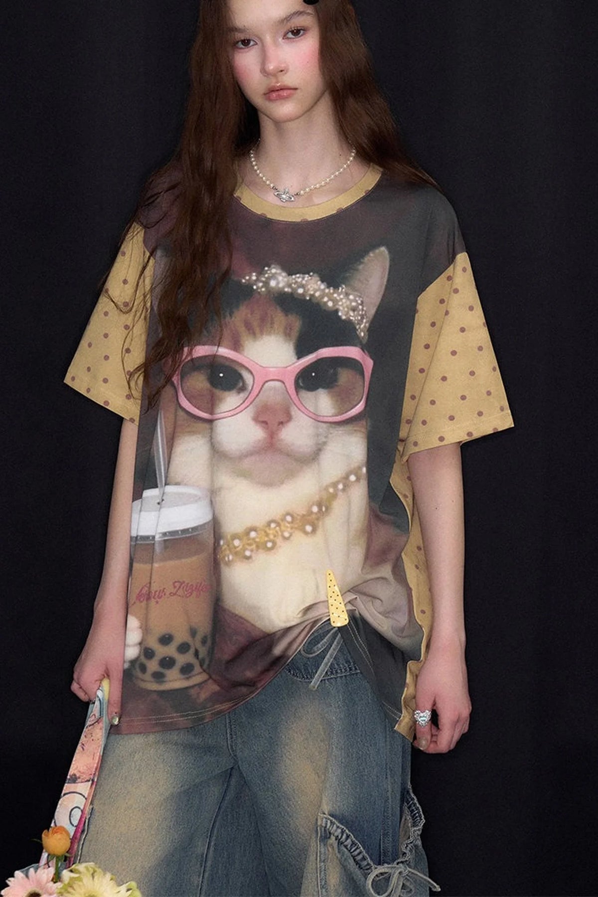 Cat Print Loose Short-Sleeved T-Shirt