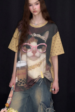Cat Print Loose Short-Sleeved T-Shirt