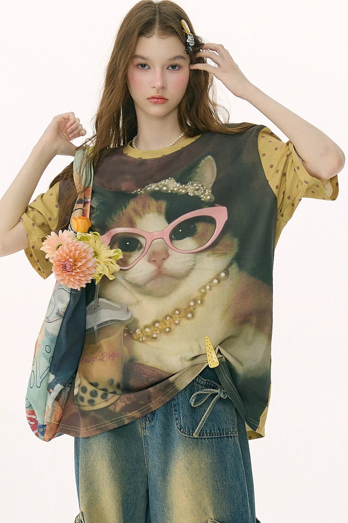 Cat Print Loose Short-Sleeved T-Shirt
