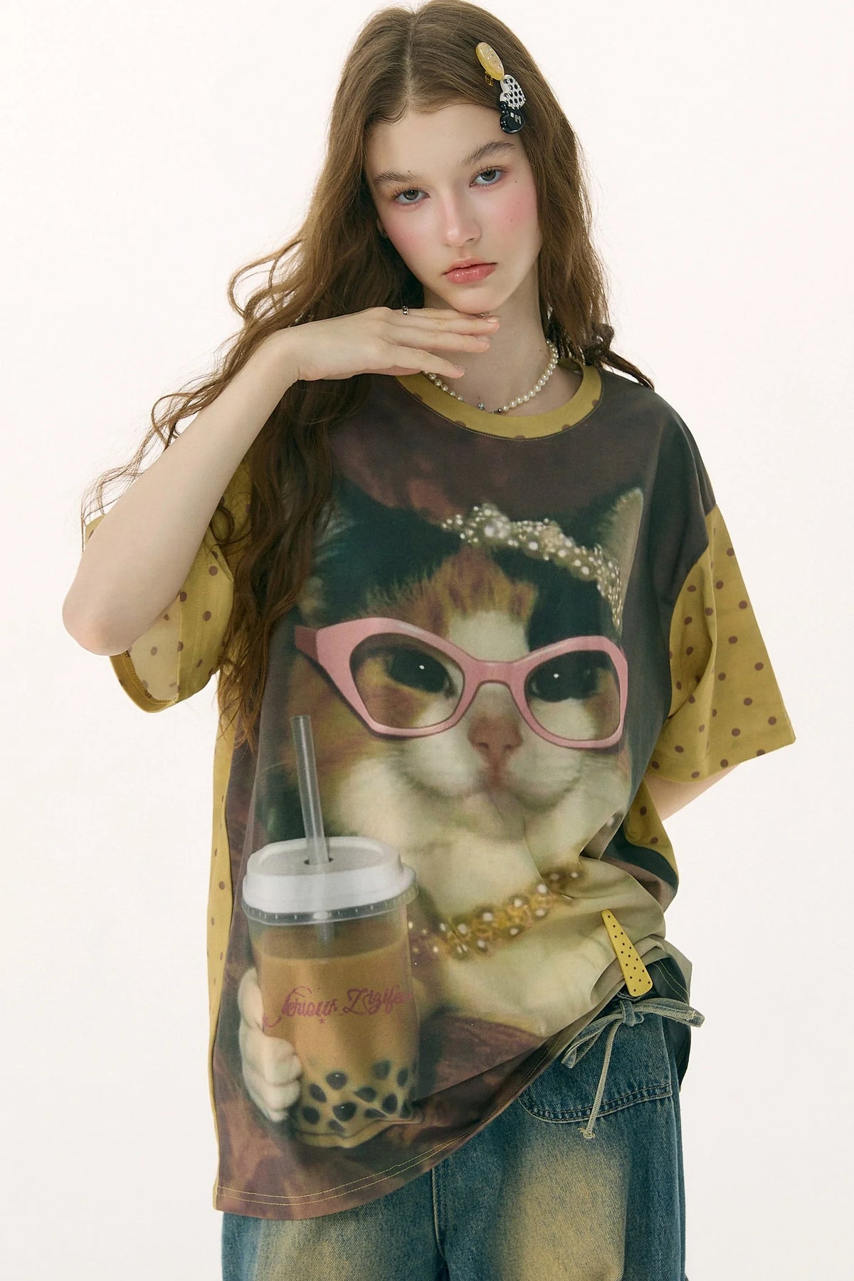 Cat Print Loose Short-Sleeved T-Shirt
