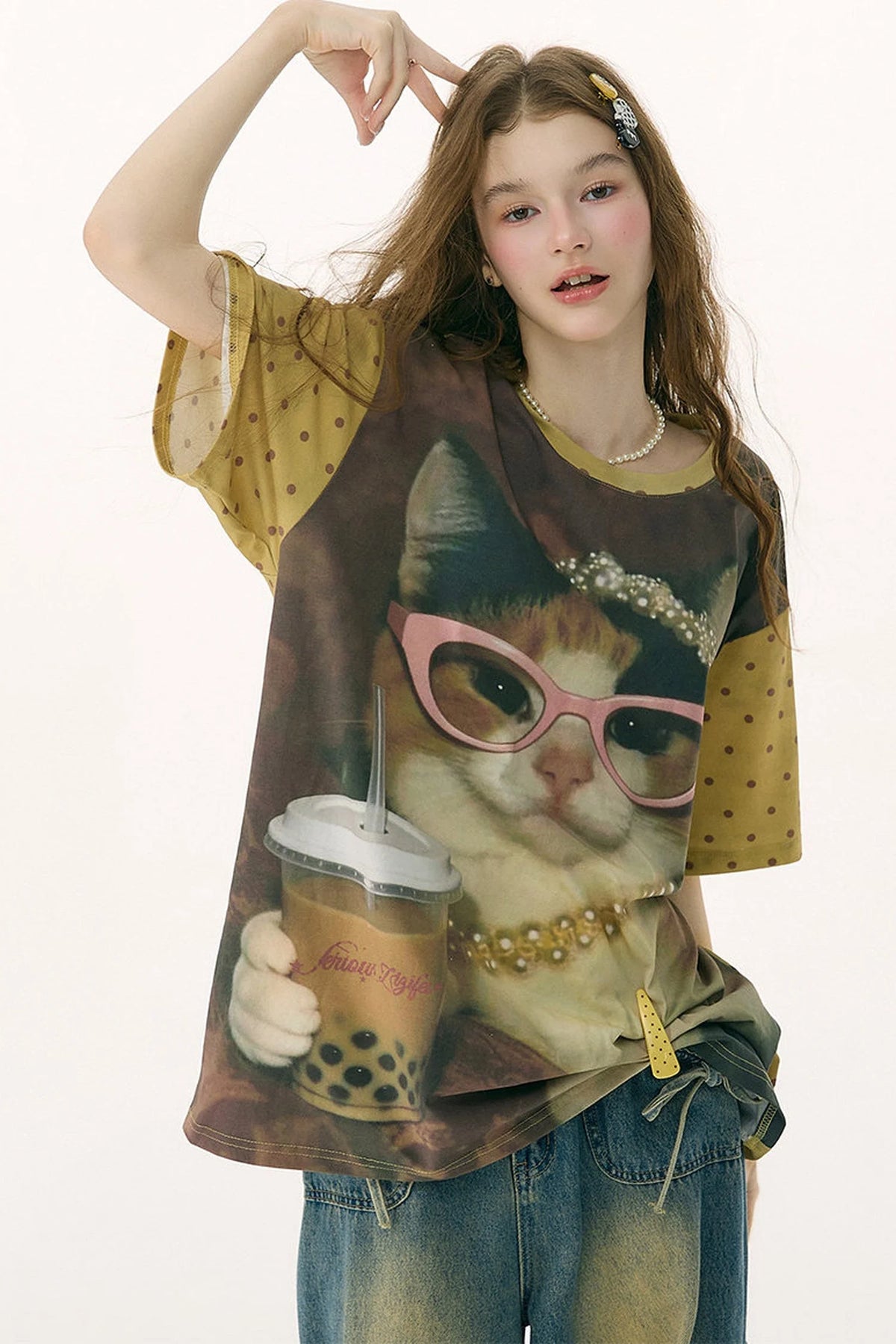 Cat Print Loose Short-Sleeved T-Shirt