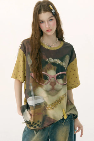 Cat Print Loose Short-Sleeved T-Shirt