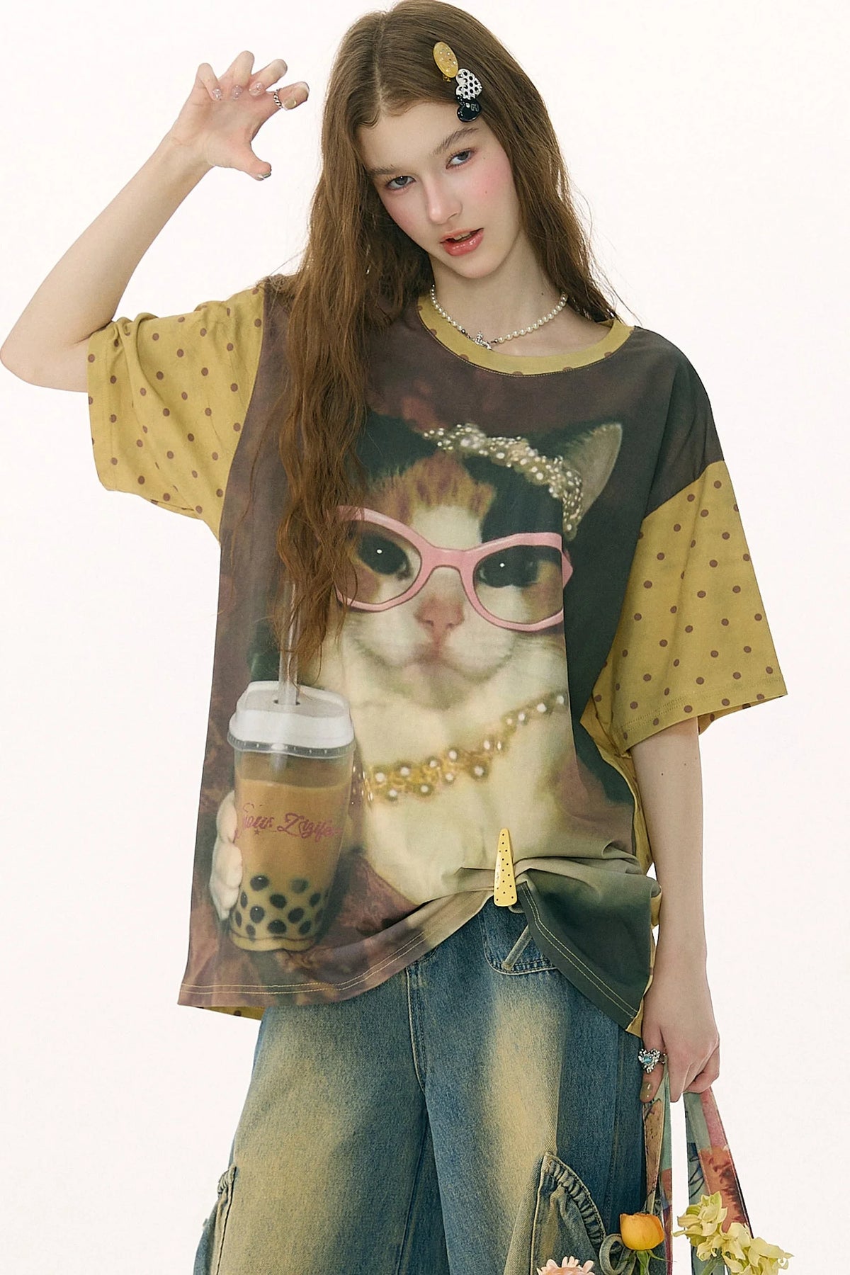 Cat Print Loose Short-Sleeved T-Shirt