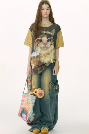 Cat Print Loose Short-Sleeved T-Shirt