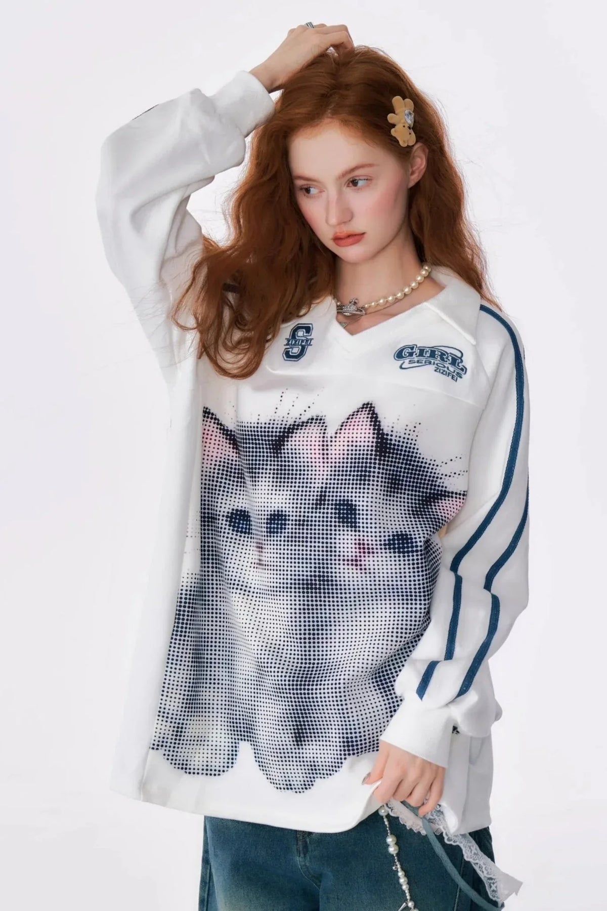 Cat Print Loose V-Neck Sweatshirt