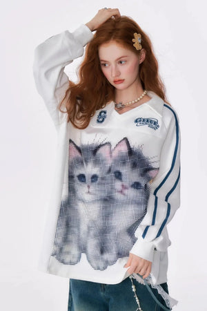 Cat Print Loose V-Neck Sweatshirt