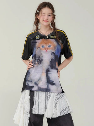 Cat Print Loose V-Neck T-Shirt