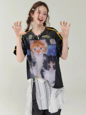 Cat Print Loose V-Neck T-Shirt