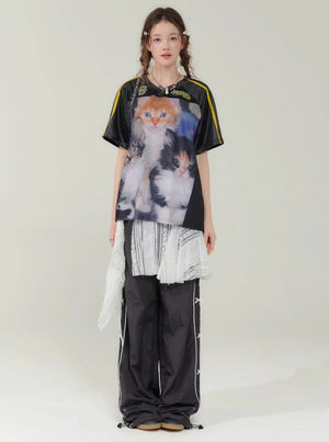 Cat Print Loose V-Neck T-Shirt