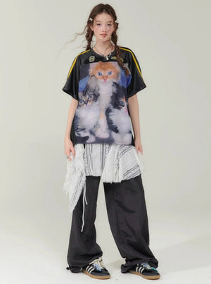 Cat Print Loose V-Neck T-Shirt