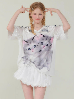Cat Print Loose V-Neck T-Shirt