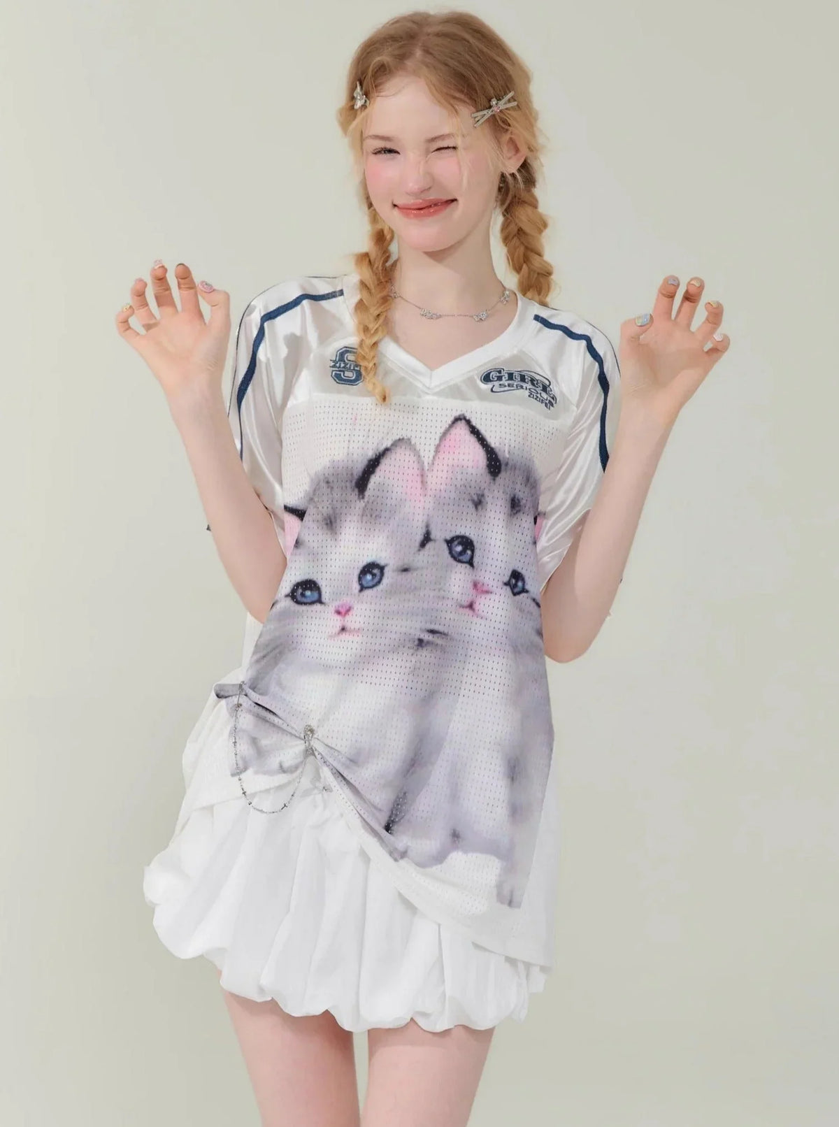 Cat Print Loose V-Neck T-Shirt