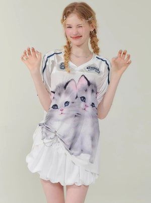 Cat Print Loose V-Neck T-Shirt