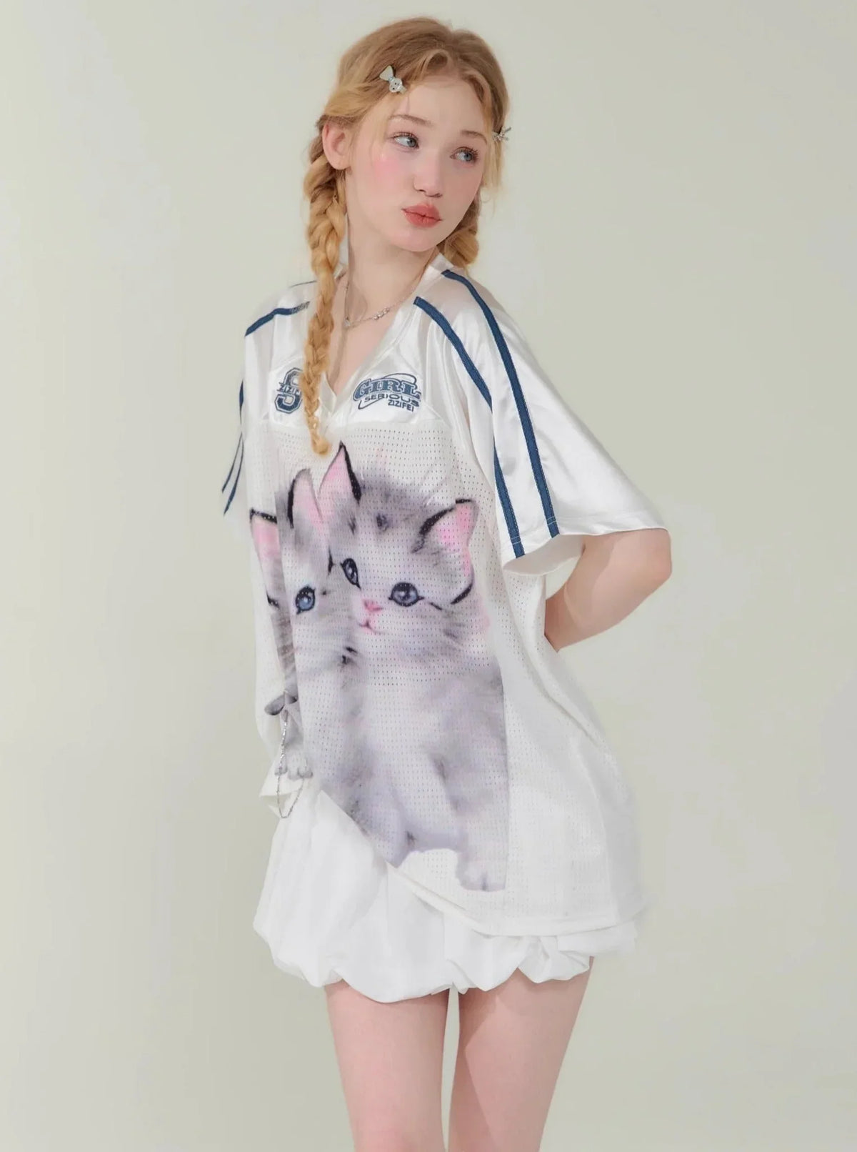 Cat Print Loose V-Neck T-Shirt