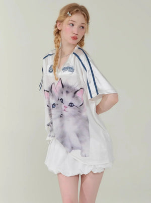 Cat Print Loose V-Neck T-Shirt