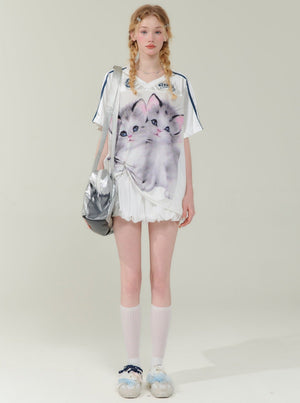 Cat Print Loose V-Neck T-Shirt