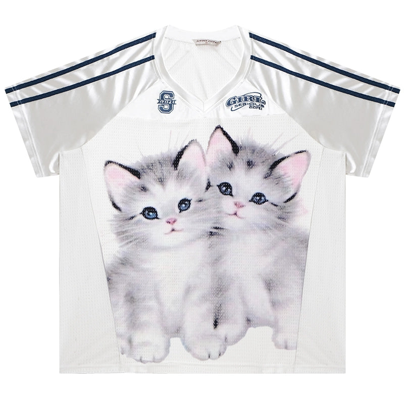 Cat Print Loose V-Neck T-Shirt