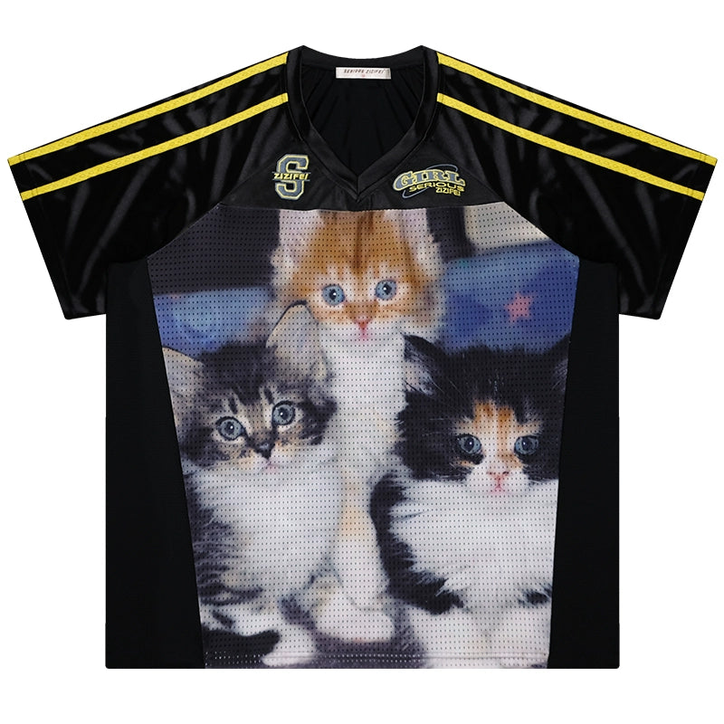 Cat Print Loose V-Neck T-Shirt