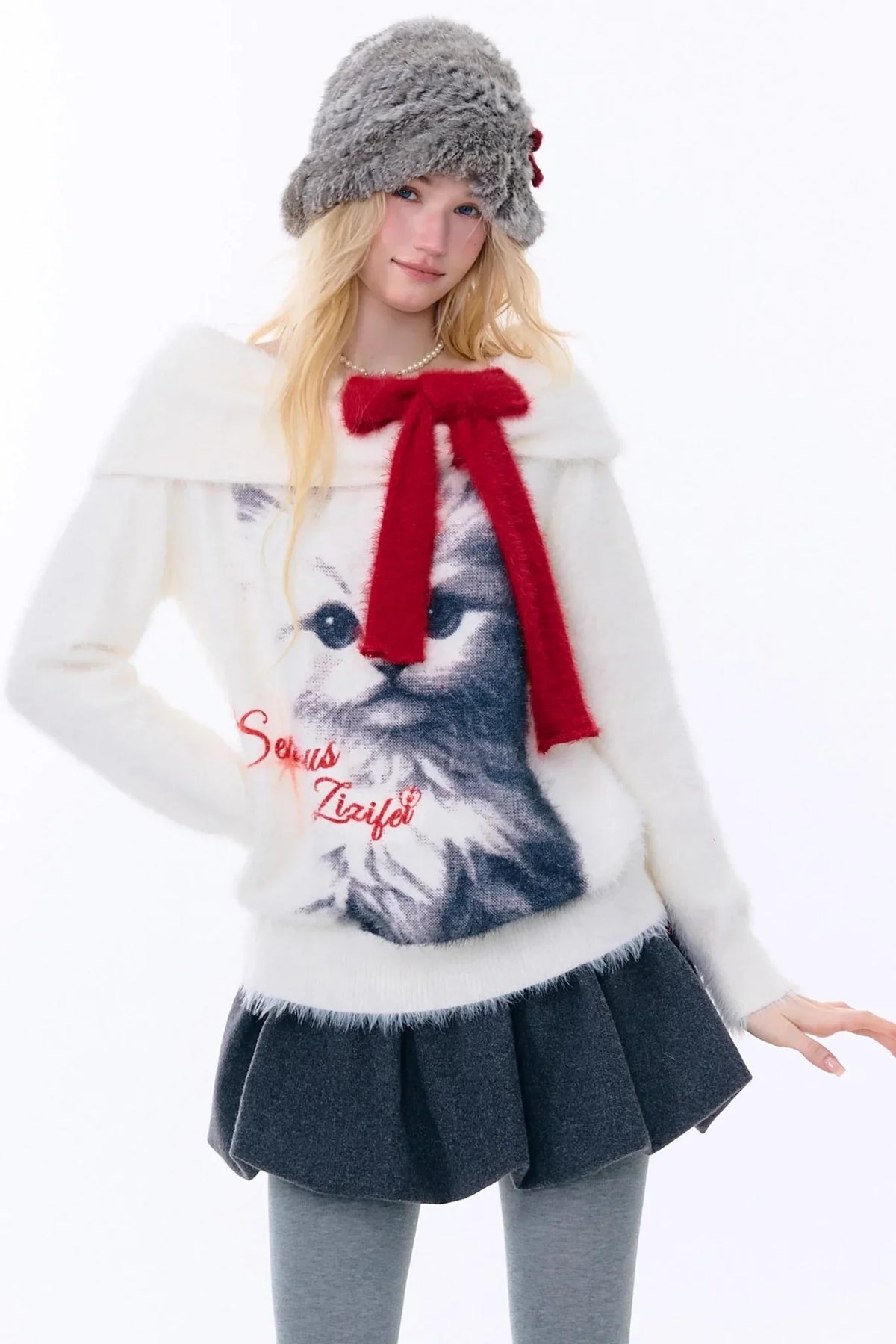 Cat Print Off-Shoulder Sweater