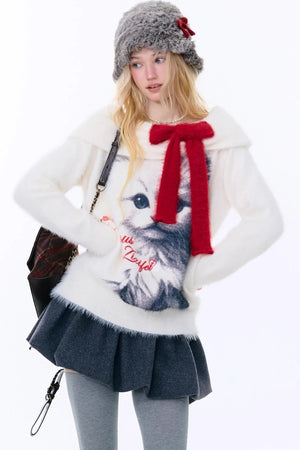 Cat Print Off-Shoulder Sweater