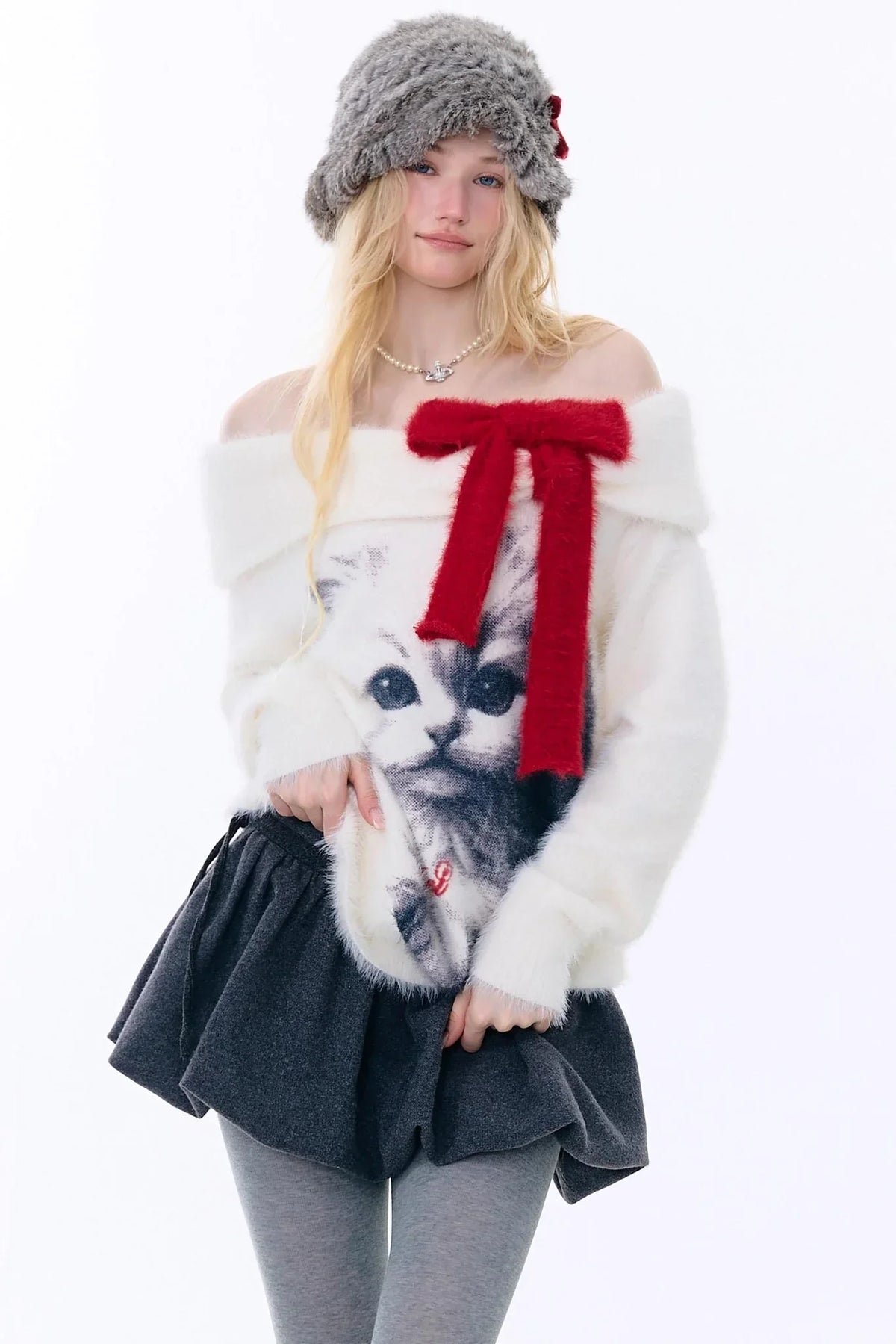 Cat Print Off-Shoulder Sweater
